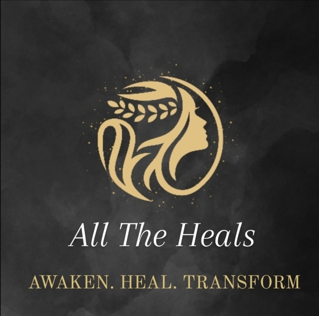 All The Heals: a golden woman's profile with laurel leaves, and the words Awaken. Heal. Transform.